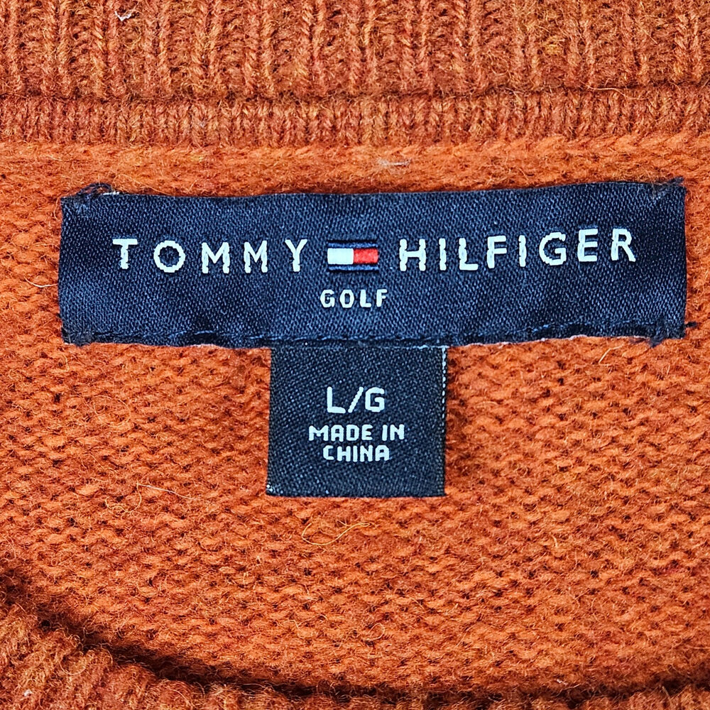 Tommy Hilfiger Mens Large Crewneck Sweater‎ Lambswool Nylon Knit Orange Pullover - Picture 3 of 6